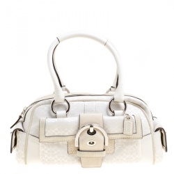 Coach White Signature Canvas And Suede Satchel