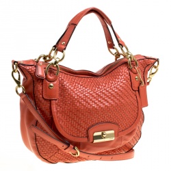 Pre Owned Coach Orange Leather and Woven Detail Kristin Shoulder Bag