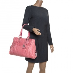 Pre Owned Coach Pink Croc Embossed Leather Ashley Tote