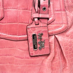 Pre Owned Coach Pink Croc Embossed Leather Ashley Tote