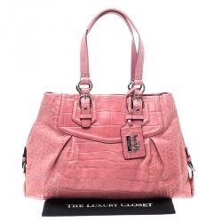 Pre Owned Coach Pink Croc Embossed Leather Ashley Tote