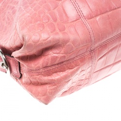 Pre Owned Coach Pink Croc Embossed Leather Ashley Tote