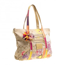 Pre Owned Coach Beige Signature  Canvas Poppy Graffiti Glam Tote