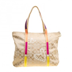 Pre Owned Coach Beige Signature  Canvas Poppy Graffiti Glam Tote