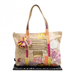 Pre Owned Coach Beige Signature  Canvas Poppy Graffiti Glam Tote