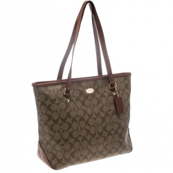 Pre Owned Coach Beige/Brown Signature Coated Canvas and Leather City Zip Top Tote