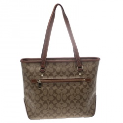 Pre Owned Coach Beige/Brown Signature Coated Canvas and Leather City Zip Top Tote