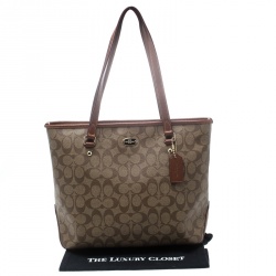 Pre Owned Coach Beige/Brown Signature Coated Canvas and Leather City Zip Top Tote