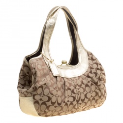 Pre Owned Coach Beige/Gold Canvas and Leather Kisslock Frame Tote