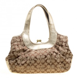 Pre Owned Coach Beige/Gold Canvas and Leather Kisslock Frame Tote