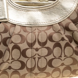 Pre Owned Coach Beige/Gold Canvas and Leather Kisslock Frame Tote