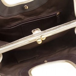 Pre Owned Coach Beige/Gold Canvas and Leather Kisslock Frame Tote