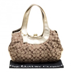 Pre Owned Coach Beige/Gold Canvas and Leather Kisslock Frame Tote