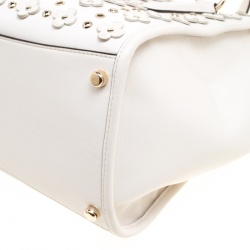 Pre Owned Coach Off White Leather Eyelet Floral Details Top Handle Bag
