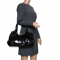 Pre Owned Coach Black Patent Leather Ergo Tattersall Pleated Satchel