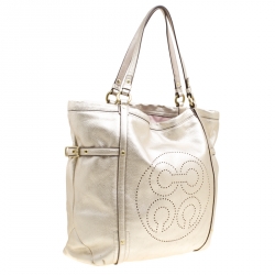 Pre Owned Coach Gold Perforated Leather Audrey Shopper Tote