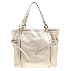 Pre Owned Coach Gold Perforated Leather Audrey Shopper Tote