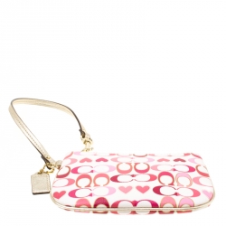 Coach White/Pink Heart Printed Coated Canvas Poppy Wristlet Clutch