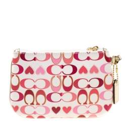 Coach White/Pink Heart Printed Coated Canvas Poppy Wristlet Clutch