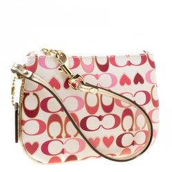 Coach White/Pink Heart Printed Coated Canvas Poppy Wristlet Clutch