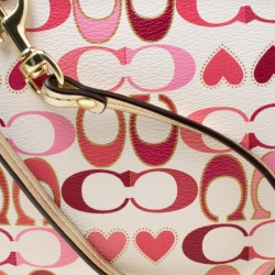 Coach White/Pink Heart Printed Coated Canvas Poppy Wristlet Clutch