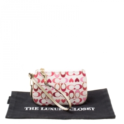 Coach White/Pink Heart Printed Coated Canvas Poppy Wristlet Clutch