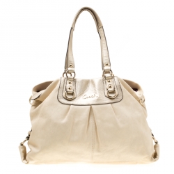 Pre Owned Coach Beige Leather Ashley Top Handle Bag