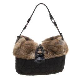 Coach Black/Brown Signature Nylon and Rabbit Fur Hobo