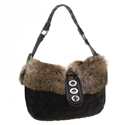 Coach Black/Brown Signature Nylon and Rabbit Fur Hobo