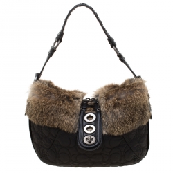 Coach Black/Brown Signature Nylon and Rabbit Fur Hobo