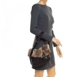 Coach Black/Brown Signature Nylon and Rabbit Fur Hobo