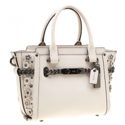 Pre Owned Coach Off White Leather Willow Floral Swagger 20 Carryall Top Handle Bag