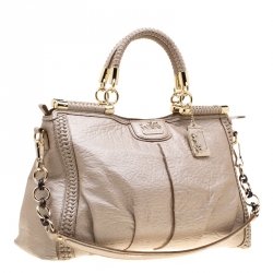 Pre Owned Coach Beige Woven Leather Dowel Caroline Top Handle Bag