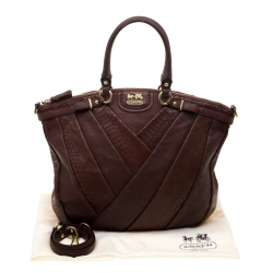 Coach Dark Brown Diagonal Pleated Python Embossed Leather Lindsey Top handle Bag