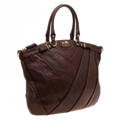 Coach Dark Brown Diagonal Pleated Python Embossed Leather Lindsey Top handle Bag