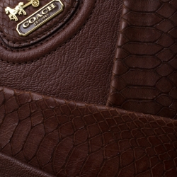 Coach Dark Brown Diagonal Pleated Python Embossed Leather Lindsey Top handle Bag