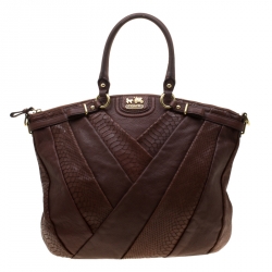 Coach Dark Brown Diagonal Pleated Python Embossed Leather Lindsey Top handle Bag