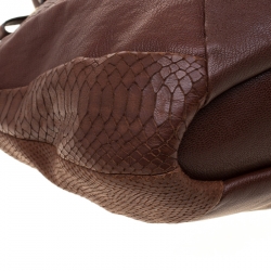 Coach Dark Brown Diagonal Pleated Python Embossed Leather Lindsey Top handle Bag