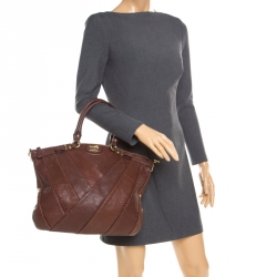 Coach Dark Brown Diagonal Pleated Python Embossed Leather Lindsey Top handle Bag