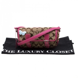 Pre Owned Coach Pink/Beige Signature Canvas and Leather Crossbody Bag