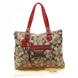 Pre Owned Coach Beige/Red Signature Canvas Poppy Laura Secret Admirer Tote
