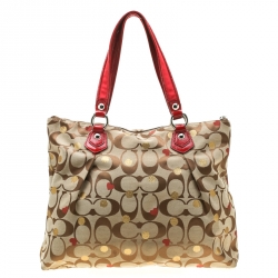 Pre Owned Coach Beige/Red Signature Canvas Poppy Laura Secret Admirer Tote