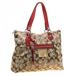 Pre Owned Coach Beige/Red Signature Canvas Poppy Laura Secret Admirer Tote