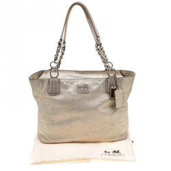 Pre Owned Coach Metallic Platinum Leather East West Chelsea Tote