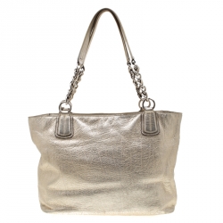 Pre Owned Coach Metallic Platinum Leather East West Chelsea Tote