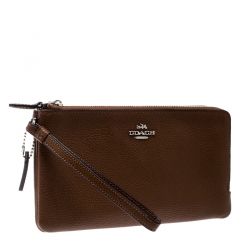 Pre Owned Coach Tan Leather Double Zip Wristlet