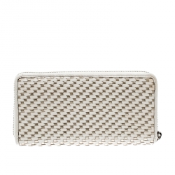 Pre Owned Coach Off White/Silver Woven Leather Zip Around Wallet