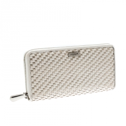 Pre Owned Coach Off White/Silver Woven Leather Zip Around Wallet
