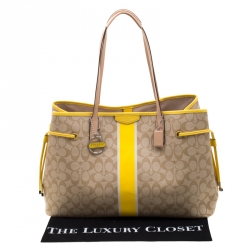 Coach Beige/Yellow Coated Canvas and Leather Large Stripe Drawstring Signature Tote