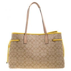 Coach Beige/Yellow Coated Canvas and Leather Large Stripe Drawstring Signature Tote